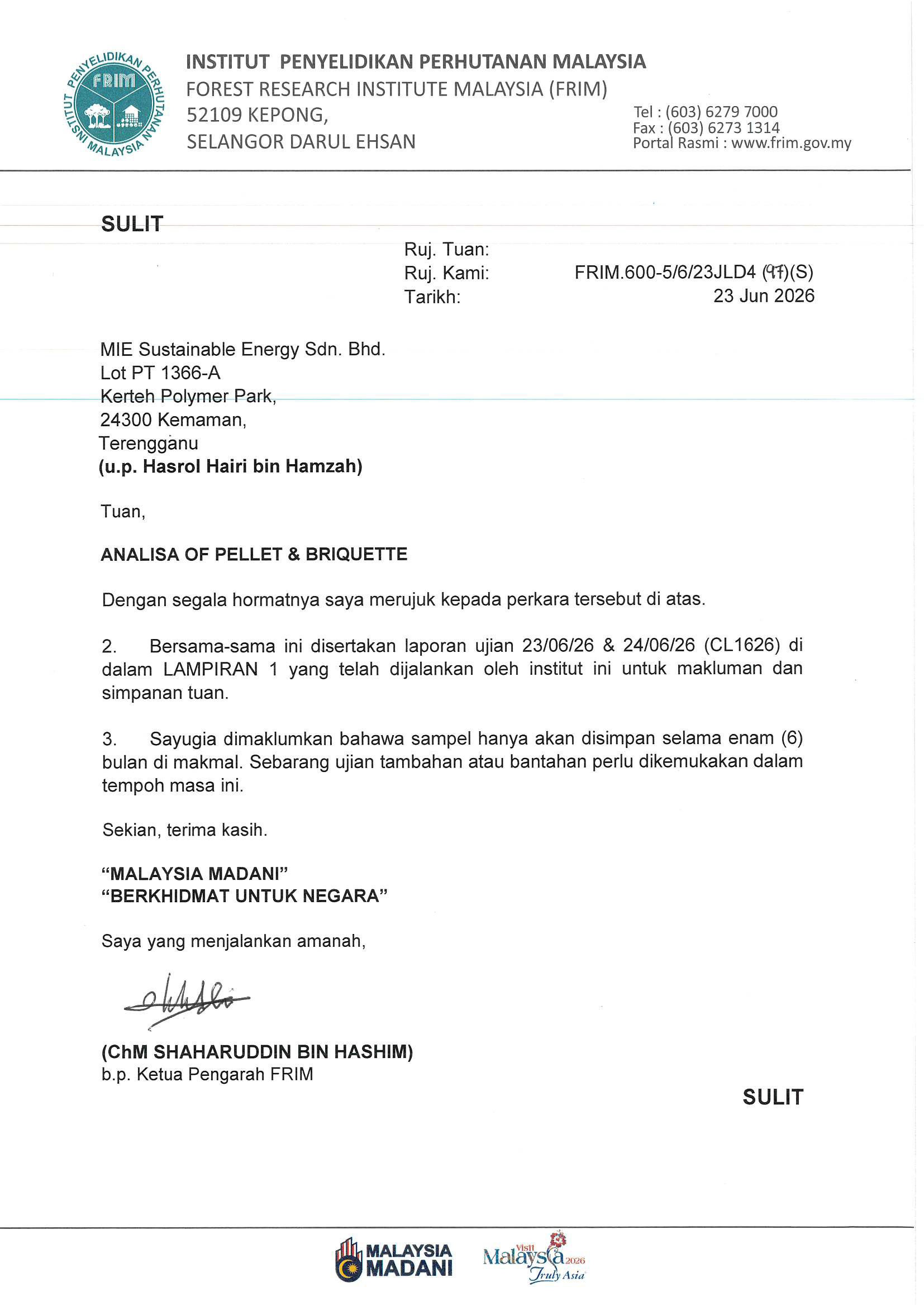 ATTACHMENT 4.0_LAPORAN ANALISA OF PELLET MIE SUSTAINABLE ENERGY SDN BHD 23 06 2026_Page_1